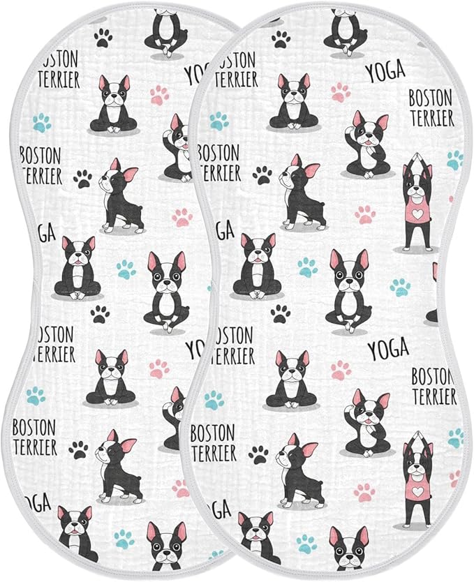 2 Pack Muslin Burp Cloths Dogs Yoga White Cotton Baby Burp Cloths Absorbent Burping Cloth Soft Spit Up Rags for Newborn Baby Boys Girls 22x11 Inch