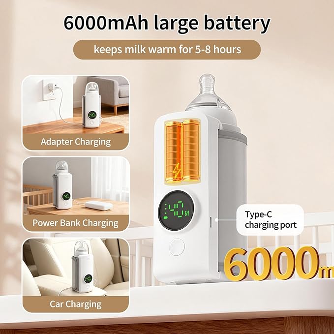 Portable Travel Baby Cordless Bottle Warmer,Baby Breastmilk and Formula Bottle Warmer,6000 mAh Rechargeable Battery,Digital Display Temperature Water Warmer On The Go,Feeding-Friendly Baby Essentials