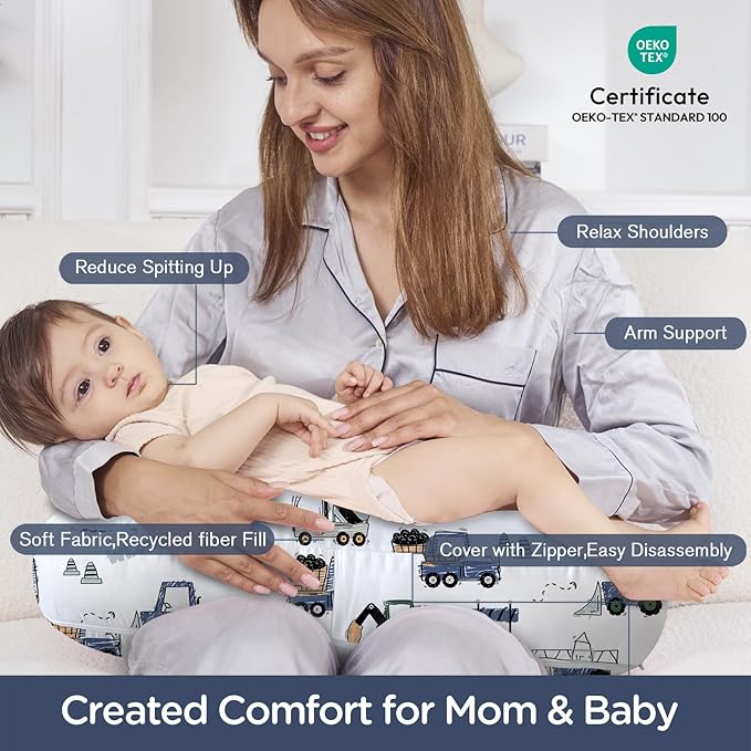 Little Grape Land Nursing Pillow,Upgraded Breast Feeding Pillow for Mom,Breastfeeding & Bottle Feeding for 0–20 Months, Soft Machine Washable Cover with Firm Breathable Filling, Tummy Time,Truck