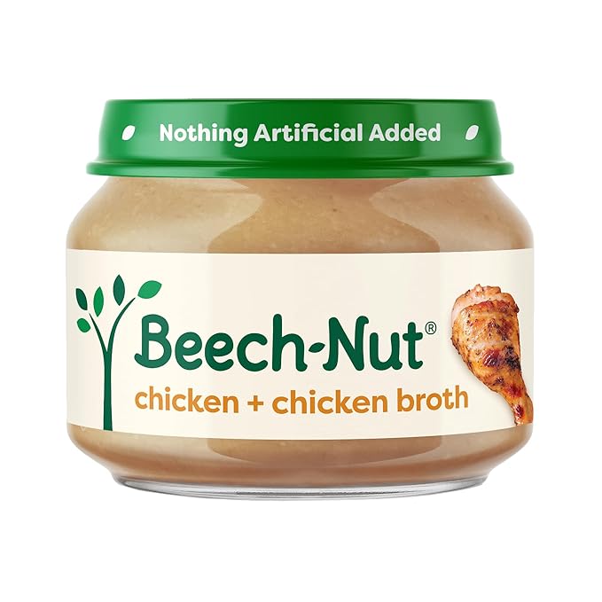 Beech-Nut Meat Baby Food Jars, Chicken & Chicken Broth Puree, 7g Protein, Stage 1 Baby Food for Babies 4 Months and Up, 2.5oz Glass Jars, 10ct