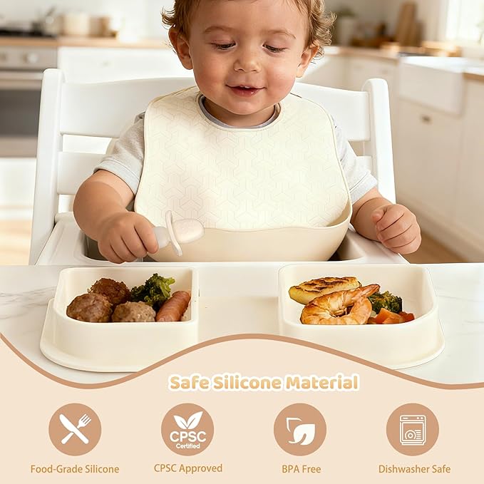 Traval Silicone Foldable Feeding Set, On-the-Go Baby Feeding Supplies Including Toddler Plates, Silicone Baby Spoon&Fork, Adjustable Foldable Bib, Portable Infant Toddler Utensils, Beige