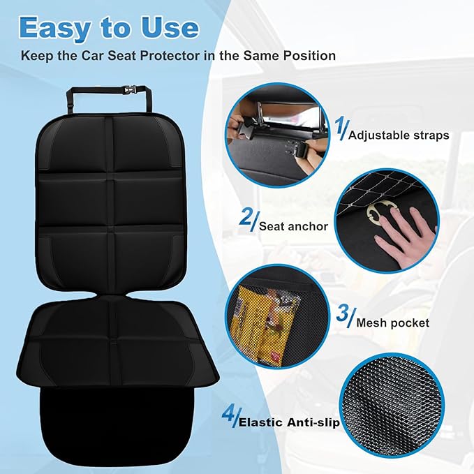 Car Seat Protector, 2 Pack Baby CarSeat Protector with Mesh Pockets & Non-Slip Backing 600D Durable Seat Cover Under Baby Child Car Seat, (Black, Standard)