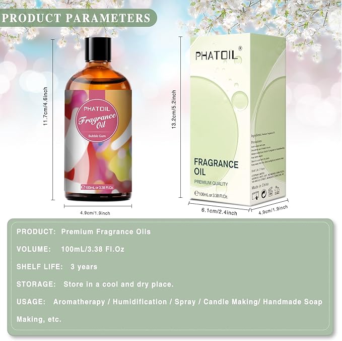 PHATOIL 3.38FL.OZ Bubble Gum Fragrance Oils for Aromatherapy, Essential Oils for Diffusers for Home, Perfect for Diffuser, DIY Candle and Soap Making, DIY Scented Products - 100ml
