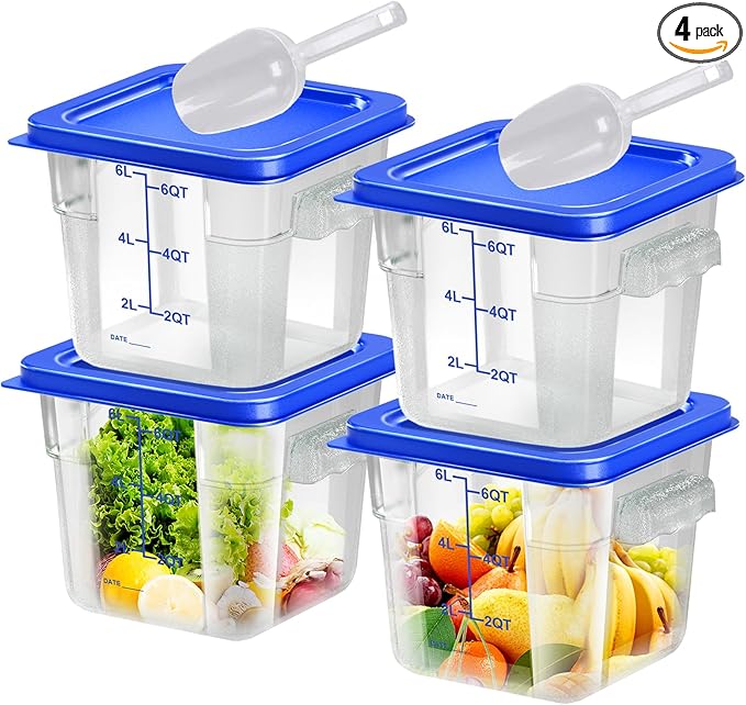 4 pcs 6qt Food Storage Containers with Lid, Square Clear Commercial Food Storage Containers with Handle and Scale for Food Storage in Home Kitchen & Dining (Blue)