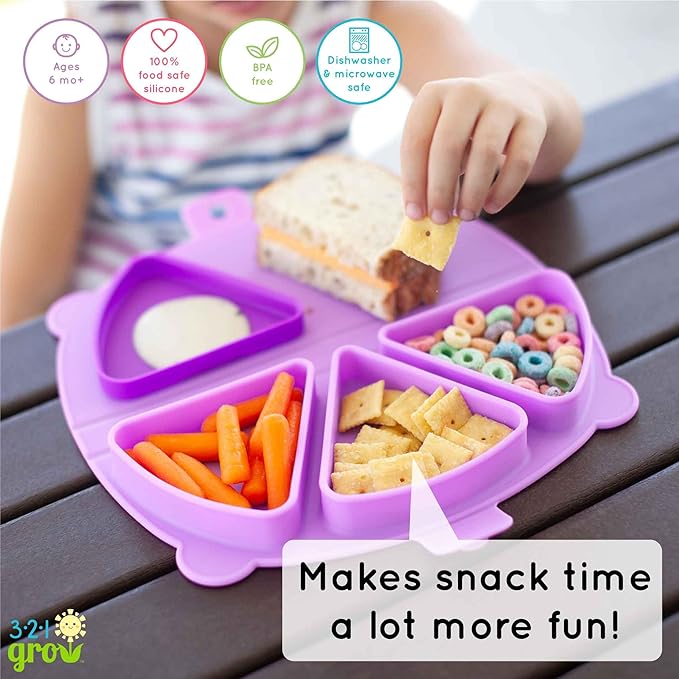 Silicone On-The-Go Snack Mat – Foldable Reusable Placemat with 3 Compartments and Lids – Travel-Friendly Baby and Toddler Snack Plate – Dishwasher Safe (Plum)