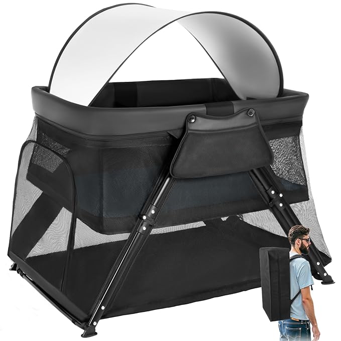 Lilian&Gema 2-in-1 Travel Crib, Portable Crib with Backpack, Lightweight Baby Travel Playpen, Foldable Play Yard with Thick Mattress for Babies & Toddlers, Baby Travel Essential