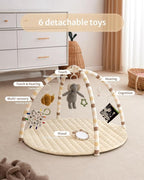 Blissful Diary Baby Play Gym Mat, Tummy Time Activity Mat with 6 Detachable Toys for Stage-Based Sensory & Motor Skill Development, Easy to Install & Clean, Baby Essentials Gift, Sandy Beige