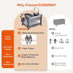 ELEMARA 4 in 1 Wide Baby Bassinet Bedside with Diaper Changer,Long Next to Bed Crib with Mattress,Sheet,Music and Blackout Cover,Playpen Travel Bed with Storage,XL Co Sleeper with 3 Adjustable Height