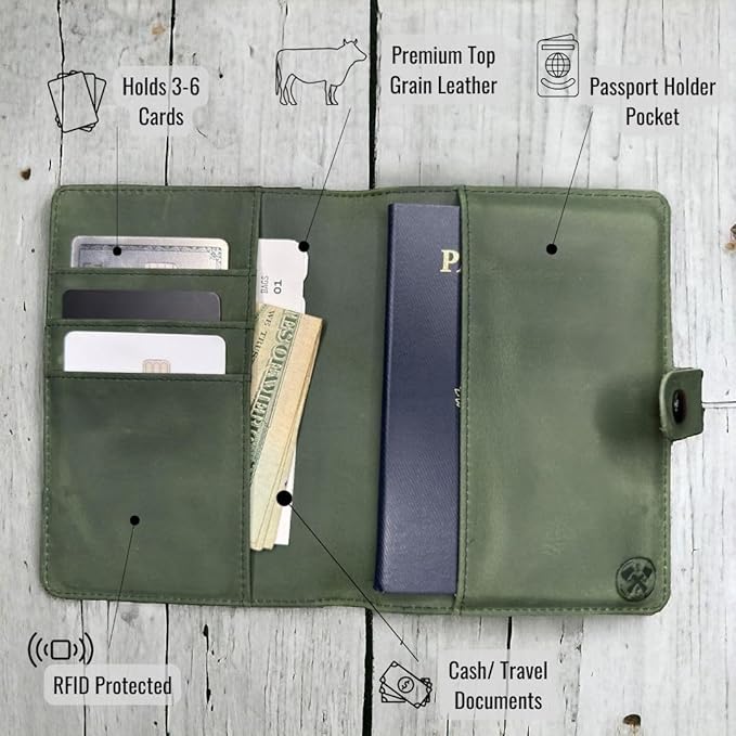 Genuine Leather Passport Holder Compatiable with and Moto Tag Wallet for Men and Women RFID Blocking for Secure Traveling and Documentation Organizer (Green)
