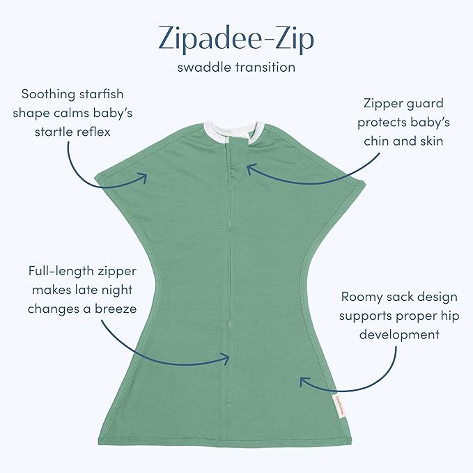 SleepingBaby Zipadee-Zip Transition Swaddle - Cozy Baby Swaddle Blanket with Zipper Convenience - Roomy Wearable Blanket for Easy Diaper Changes - Basil, Small (4-8 Month)
