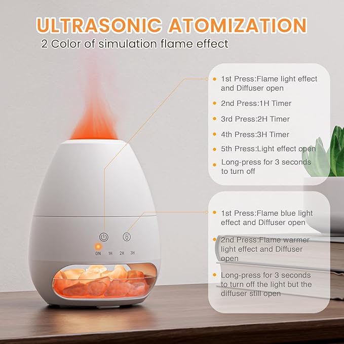 Ultrasonic Essential Oil Diffuser with Himalayan Salt Rock,Flame Oil Diffuser with 2 Color Light,Small Aromatherapy Oil Diffuser with Auto Off Function for Home, Office,Spa,100ML