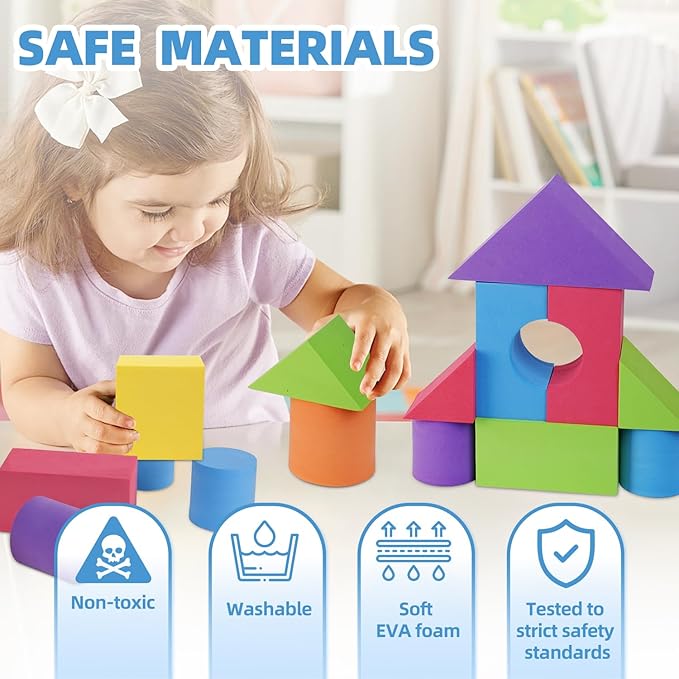 Large Building Foam Blocks for Toddlers, EVA Stacking Foam Building Blocks Toy Set, Non-Toxic, Washable, Early Learning Construction Toys & Gifts for Kids Boys & Girls (Blue, Pieces, 60)