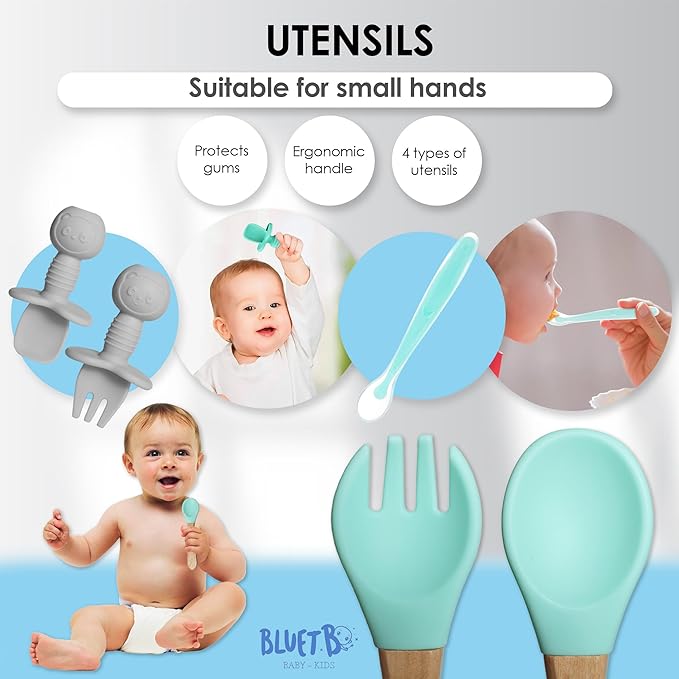 Bluet B- Silicone Feeding Set - Pacifier, Baby Spoons, Suction Bowl, Plate - Baby Utensils - First Foods Set - 11pcs - Green