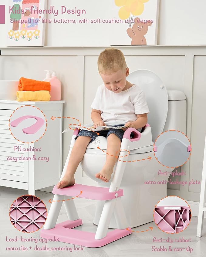 Forbena Girls Potty Training Seat with Step Stool Ladder, Pink Toilet Potty Seat for Baby Girl Toddlers, Kids Chair Stairs with Handles and Soft Cushion (White and Pink)