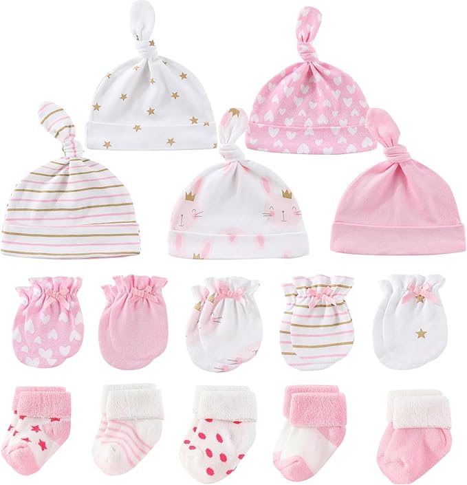 Newborn Baby Boy Girl Caps Mittens Socks Set Cotton Baby Essentials Accessories (Hats+Gloves+Socks)