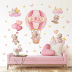 Tanlaby Pink Hot Air Balloon Wall Stickers Cartoon Bear Rabbit Stars Heart Wall Decals Peel and Stick Art Decor for Girls Bedroom Baby Nursery Kids Playroom Classroom