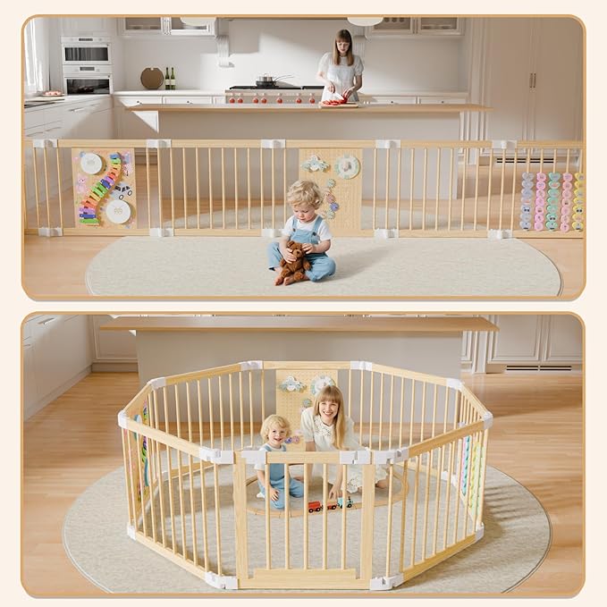Baby Playpen - Adjustable Multi-Shape Wooden Play Yard, Portable Collapsible Activity Center with Baby Fence Play Area & Toys for Infants, Toddlers (56x56x24inch