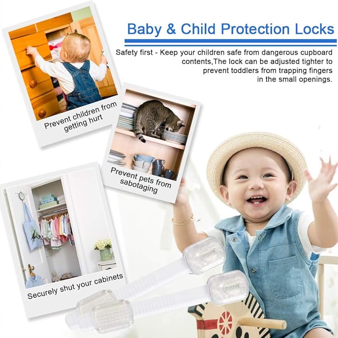 Baby Safety Locks - Maveek 8 Pack Child Proofing Lock For Drawers Doors Cupboard Dresser Door Closet Toilet Seat Oven Refrigerator, Adjustable Transparent Latches, 9 Pcs Extra Adhesive Pads