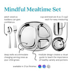 Ahimsa Stainless Steel Kids Dinnerware Set - 5 Piece Toddler Plates and Bowls Set, Pediatrician Designed, Includes Non Toxic Toddler Plate and Bowl, Kids Utensils and Cup (Classic Stainless Steel)
