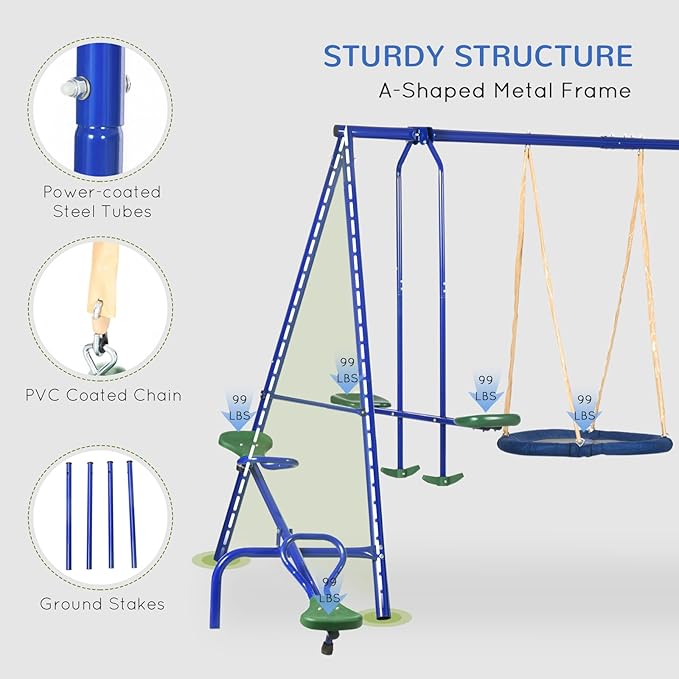 Outsunny Swing Set for Backyard, 5 in 1 Heavy-Duty A-Frame Stand Outdoor Playset for Kids with 29.5" Saucer Swing, Slide, Seesaw, Glider, Swing Seat, Blue