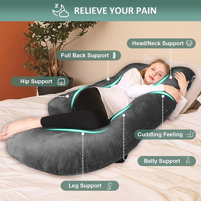 Chilling Home Pregnancy Pillow, U Shaped Pregnancy Pillows for Sleeping Full Body Pillow Maternity Pillow for Pregnant Women 58 inch, Pregnant Women Must Have with Removable Cover, Black