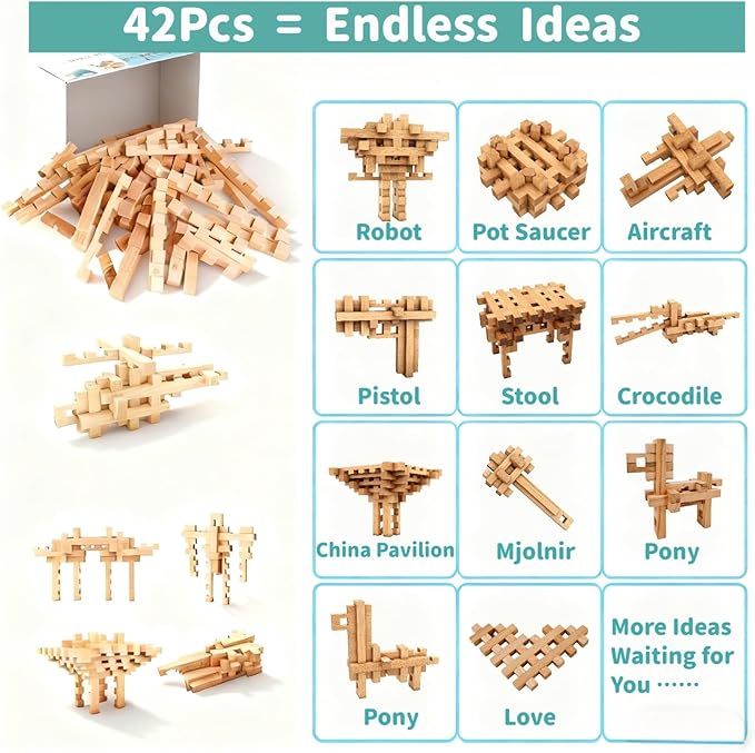 STEM Wooden Building Blocks -Mortise and Tenon Assembled into 15+ Shapes, Educational Toys Gift for Kids and Classroom,DIY Building Toys for Ages 5+ and Adults (15 in 1)