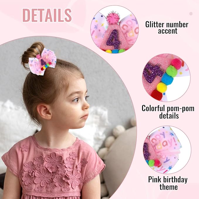 Birthday Hair Bow for Baby Girls 1 2 3 4 5 6 Year Old Sprinkle Hair Clips Happy Birthday Decorations for Girls Toddlers With Pom-Poms Ice Cream Candy Party Pink Hairs Accessories for 4th Sweet Party