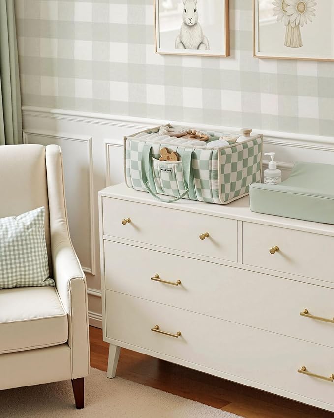 Blissful Diary Checkered Diaper Caddy Organizer, Stylish Nursery Storage Basket, Gift for Baby Shower, Newborn Essentials, Registry Search Must Haves, Sage Green