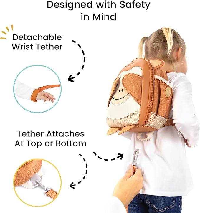 Toddler Harness Backpack Leash - Baby Walking Harness & Anti-Lost Wrist Tether - Kids Backpack 5 Storage Pockets and 2 Adjustable Child Leashes for Kids 1, 2,3,4,5,6,7 Years Old - Ultra-Soft - Monkey
