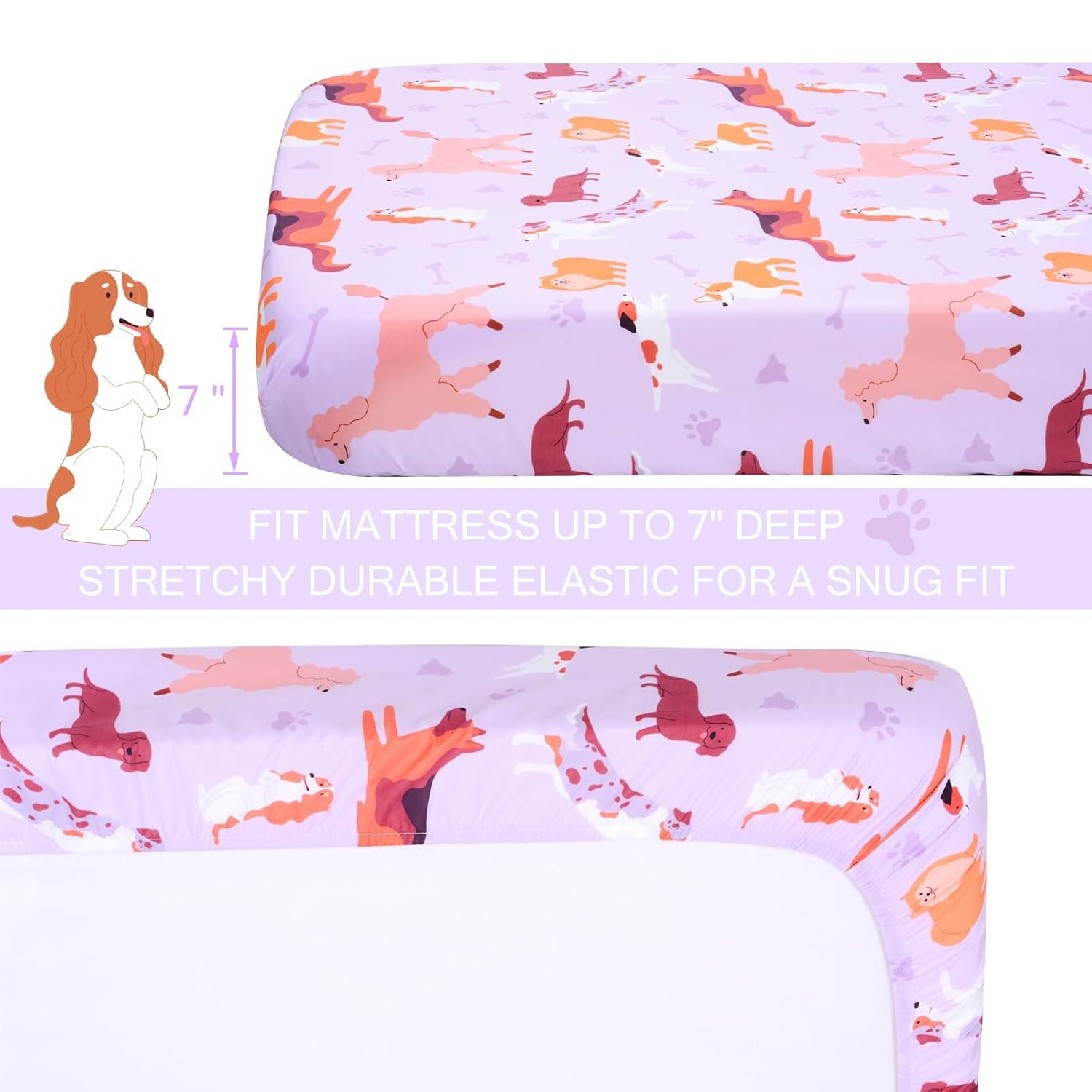 UOMNY Crib Sheet 52x28 Baby Sheet for Girls Breathable Dog Fitted Crib Sheet for Standard Crib and Toddler Mattress Soft Toddler Sheet Purple