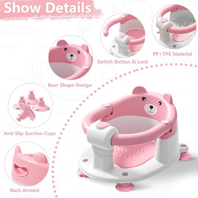 Baby Bath Seat for Babies 6 Months & Up, Toddler Bath Seats for Babies Sitting Up, Non-Slip Infant Bath Tub Chair with 4 Suction Cups & Soft Cushion for Shower, Compact Toddler Bathtub Seat, Pink