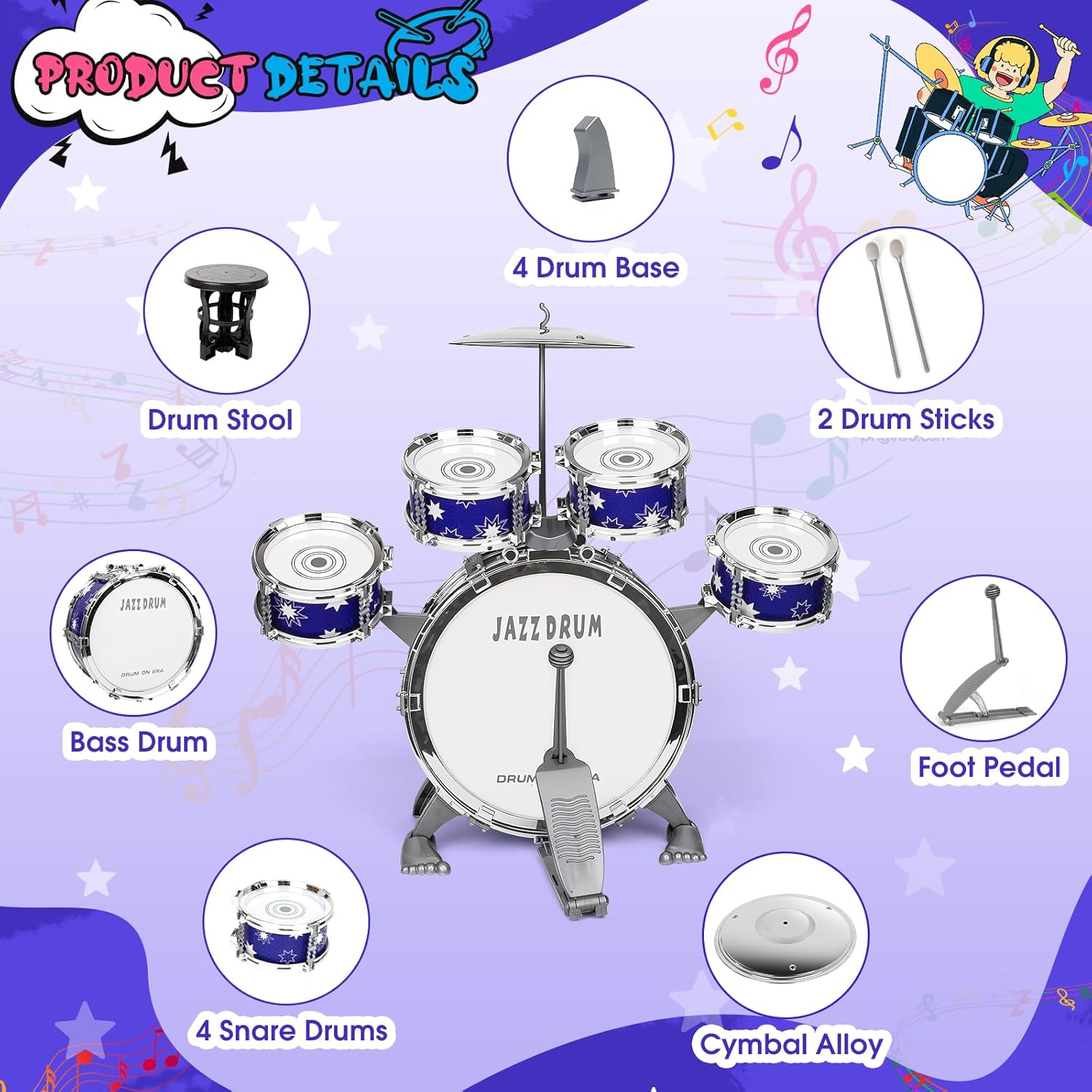 Upgraded Drum Set for Kids 3-5 Toddler Toy Ages 2-4 Jazz Drums Kit with Stool Musical Instrument Toys for 3 4 5 Year Old Girls Boys Gifts