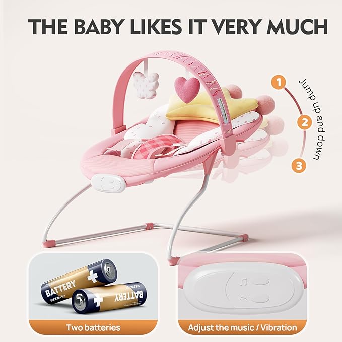 Baby Bouncer, Portable Baby Bouncer with Music, Soothing Vibrations Infant Bouncer Seat for 0-6 Months 6-20 lbs(Pink)
