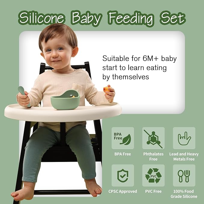 Baby Led Weaning Supplies, 8 Piece BPA-Free Silicone Feeding Set, Silicone Suction Bowl, Forks & Spoons, Bib & Cup, Develops Self Feeding Skills, Dishwasher Safe, for 6+ Months (Green)