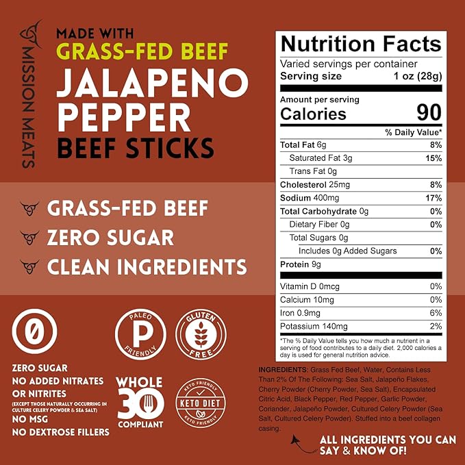 Mission Meats Beef Sticks – 100% Grass Fed & Pasture Raised, Sugar Free, Individually Wrapped Healthy Snacks, Whole 30 & Paleo Friendly, Jalapeno 1oz (Pack of 24)