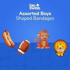 BioSwiss Bandages, Assorted Animal, Fun and Food Shaped Self Adhesive Bandage for Boys, Latex Free Sterile Wound Care, 100 Count