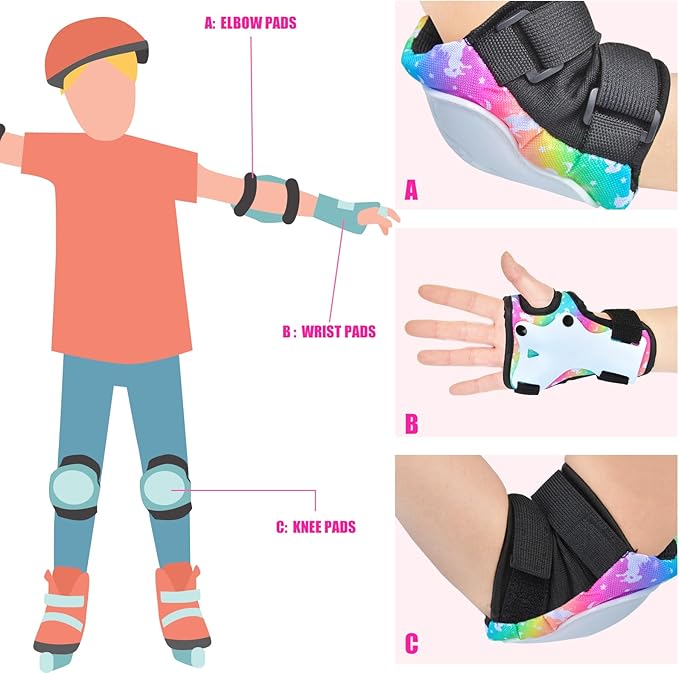 Kids Knee and Elbow Pads Set, 7 in 1 Skating Protective Gear for Skateboard, Roller Skating, Scooter, Cycling, 3-8 Years