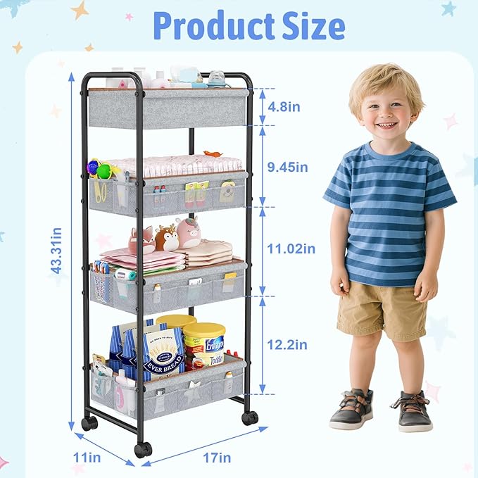 4-Tier Baby Diaper Caddy Cart Organizer,Mobile Nursery Baby Dresser Clothes Organizer with Wheels,with 2 Dividers & 21 Mesh Pockets，Metal Utility Cart for Nursery,Bedroom,Bathroom