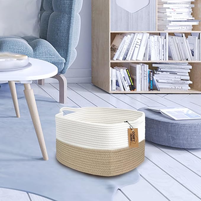 COMFY-HOMI Cotton Rope Woven Basket with Handles for Shelves,Toys,Book, Cloth Storage Baskets Bin for Organizing-13.5"x11"x9.5" Toy Decorative Organizer for Living Room, Bathroom-Light Brown