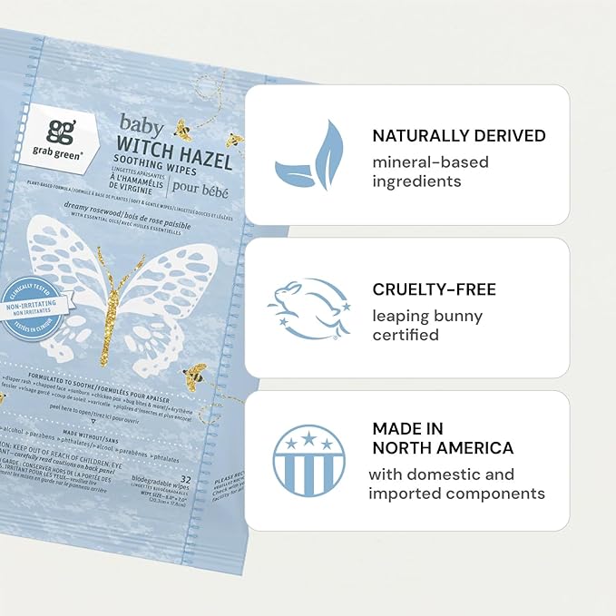 Grab Green Baby Witch Hazel Soothing Wipes, 32 Wipes, Dreamy Rosewood Scent, Plant and Mineral Based, Biodegradable, Soothe Common Skin Irritations Such as Diaper Rash, No Alcohol, Packaging May Vary