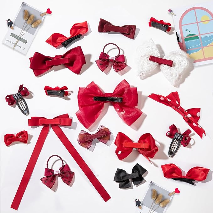 18pcs Red Hair Bows for Girls.Alligator Hair Clips,Hair-ties,Snap Clip Hairpins.Handmade Hair Accessories for Girls Gift Set