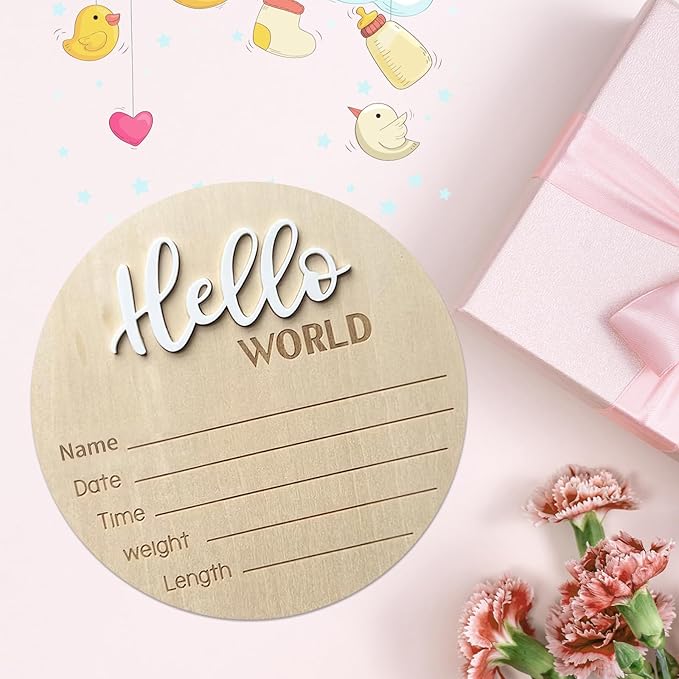 Baby Announcement Sign, 5.9 Inch Wooden Hello World Newborn Signs, Birth Announcement Sign, Baby Shower Hospital Nursery for Newborn Boys and Girls (White)