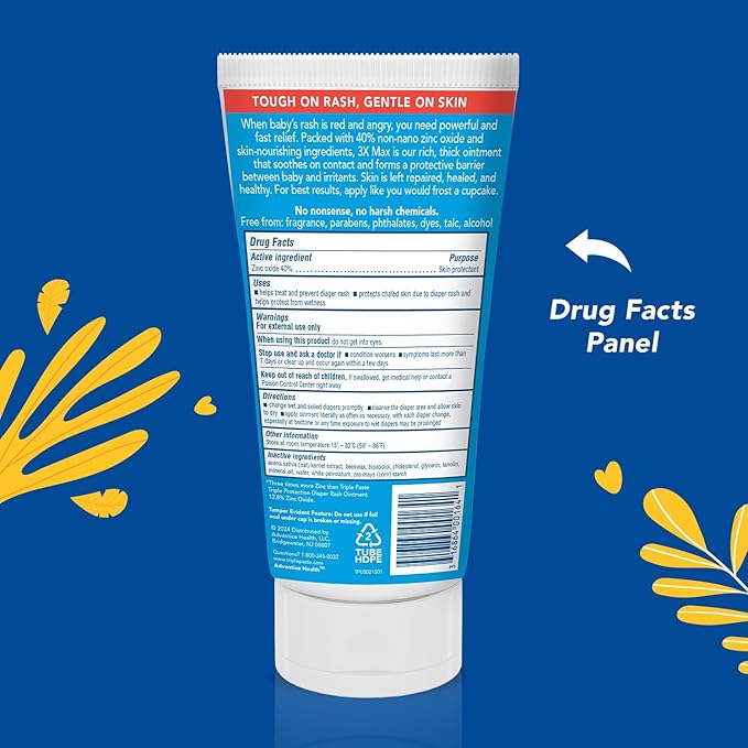 Triple Paste 3X Max Diaper Rash Ointment, Maximum Strength Zinc Oxide Ointment for Severe Diaper Rash, 6 oz Tube