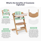 Cowiewie Natural Wooden High Chair for Babies & Toddlers 3-Tier Remove Adjustable Tray and Highchair with Cushions, Easy to Clean, Portable(Green)