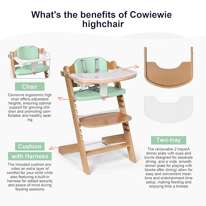 Cowiewie Natural Wooden High Chair for Babies & Toddlers 3-Tier Remove Adjustable Tray and Highchair with Cushions, Easy to Clean, Portable(Green)