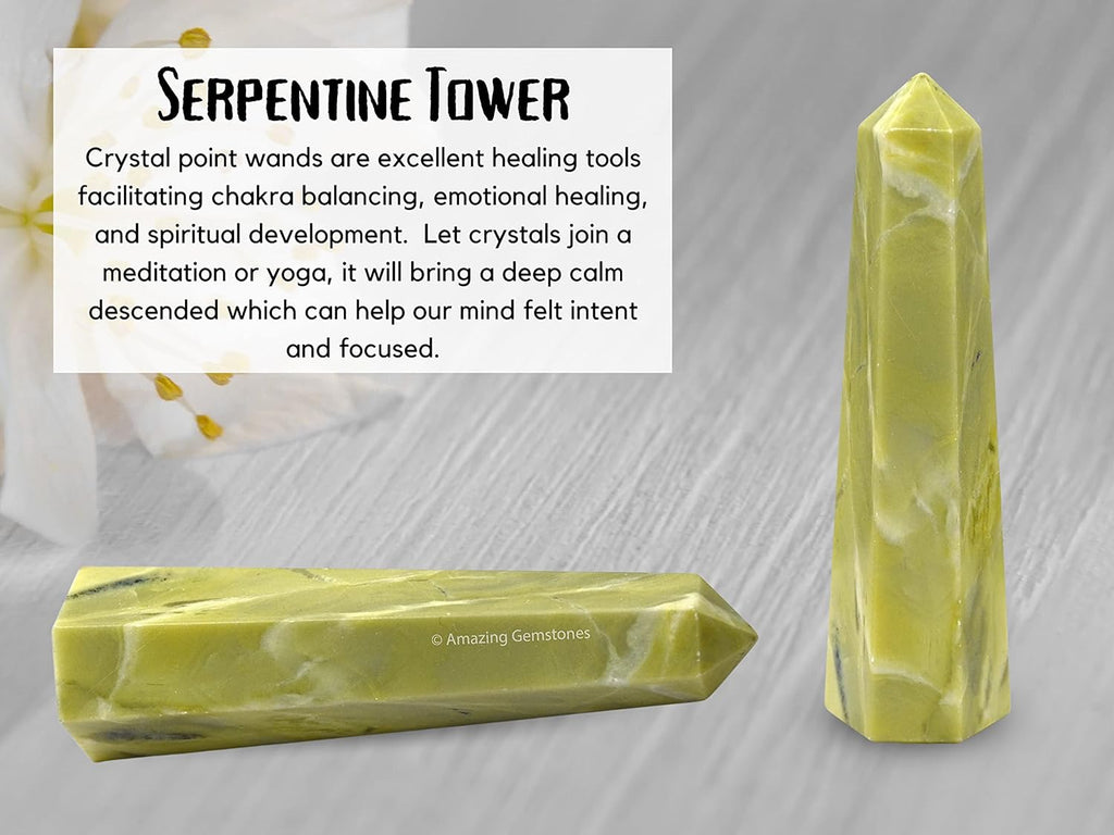 Amazing Gemstone Serpentine Crystal Towers - Natural Healing Crystal Point Obelisk for Reiki Healing and Crystal Grid (3 Inch)