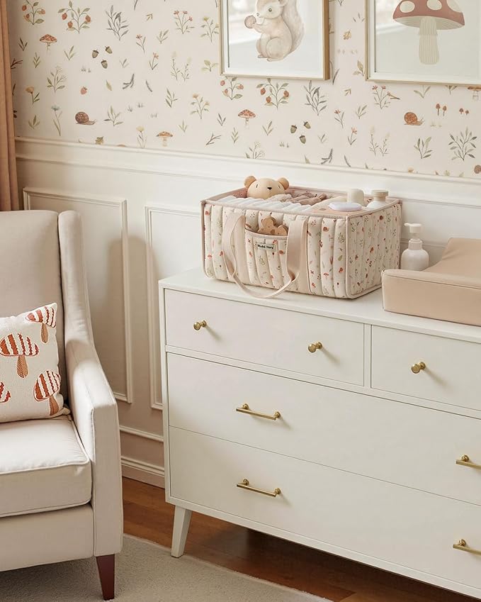 Blissful Diary Woodland Diaper Caddy Organizer, Stylish Nursery Storage Basket, Gift for Baby Shower, Newborn Essentials, Woodland Cream