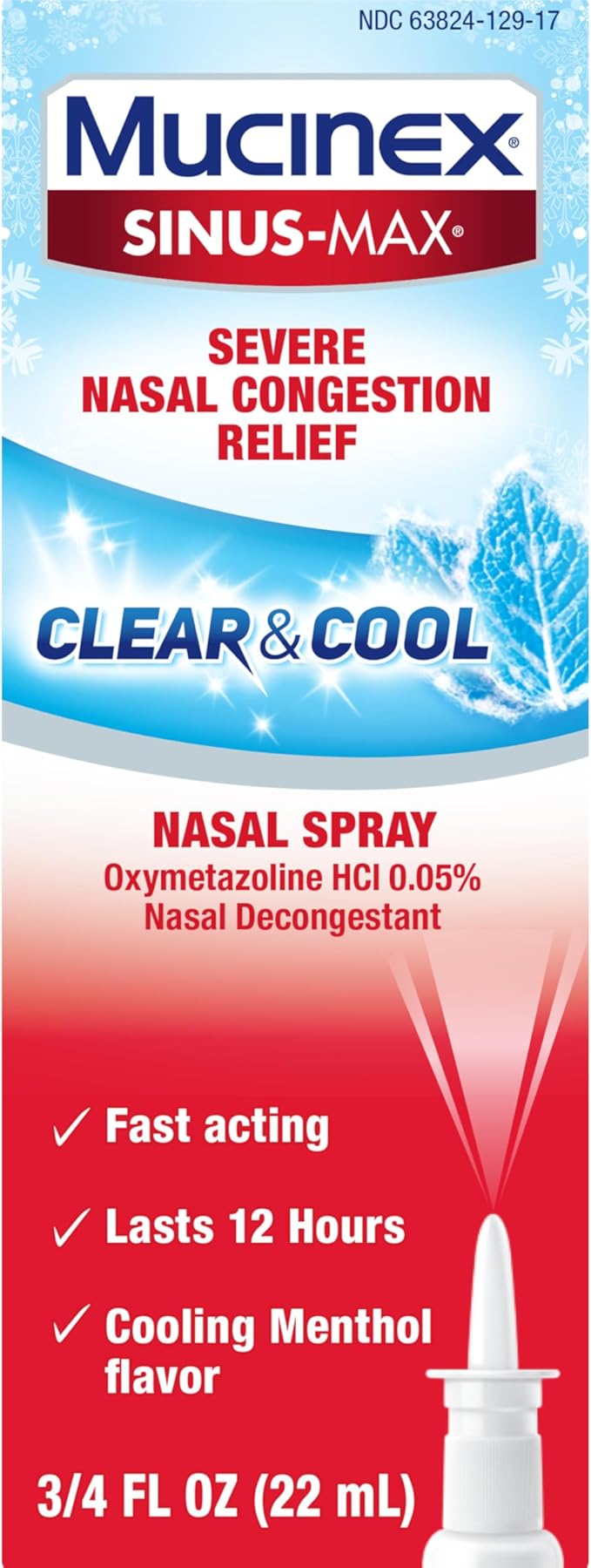 Mucinex Sinus-Max Nasal Spray Decongestant, 12 Hour Over-The-Counter Medication Nose Spray for Sinus Relief, Nasal Decongestants for Adults, Cooling Menthol, 0.75 Fl Oz (Pack of 3)
