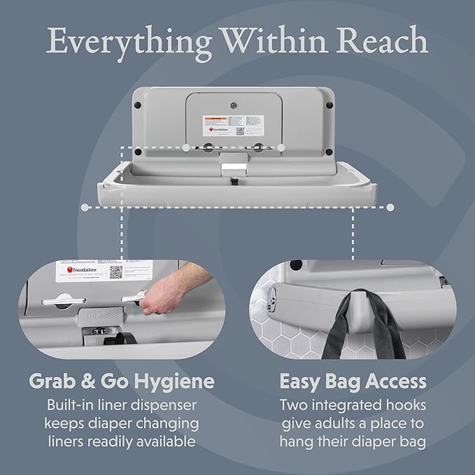 Foundations Ultra Horizontal Wall Mounted Baby Diaper Changing Station, Oversized Changing Surface, Plastic with Heavy Duty Stainless Steel Hinge - Gray (200-EH-01)