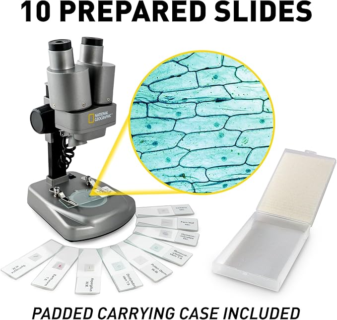 NATIONAL GEOGRAPHIC Dual LED Kids Microscope - 50+ pc Science Kit with 10 Prepared Slides & 10 DIY Blank Slides, Biology Experiment Activity, Microscope Kit for Kids 8-12 (Amazon Exclusive)